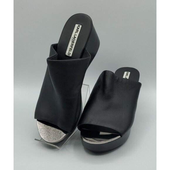Karl Lagerfeld Shoes - Karl Lagerfeld 'Lyric' 38.5 Black Leather Slide Wedge Platform 8 Sandals NWOB